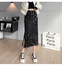 Sexy Tassel Embroidered Sequins Skirts Women Night Club Girls Gorgeous Flash Mid-Calf Length Side Split Straight Skirt $41.02...