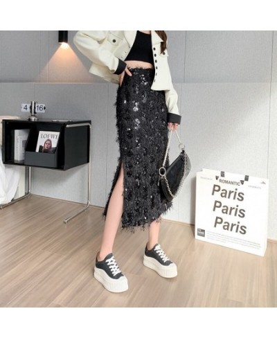 Sexy Tassel Embroidered Sequins Skirts Women Night Club Girls Gorgeous Flash Mid-Calf Length Side Split Straight Skirt $41.02...