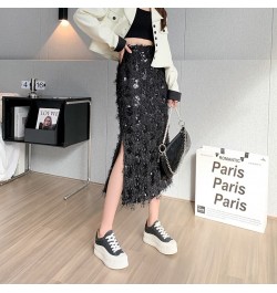 Sexy Tassel Embroidered Sequins Skirts Women Night Club Girls Gorgeous Flash Mid-Calf Length Side Split Straight Skirt $41.02...