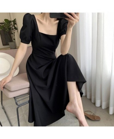 2023 New Summer Black Dress For Women French Elegant Square Collar High Waist Puff Short Sleeved Femal Mid-length A-line Dres...