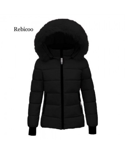 Women Faux Fur Collar Coat Down Cotton Jacket Fall Winter Thicken Warm Minimalist Hooded Outdoor Windproof Casual Coat $70.57...