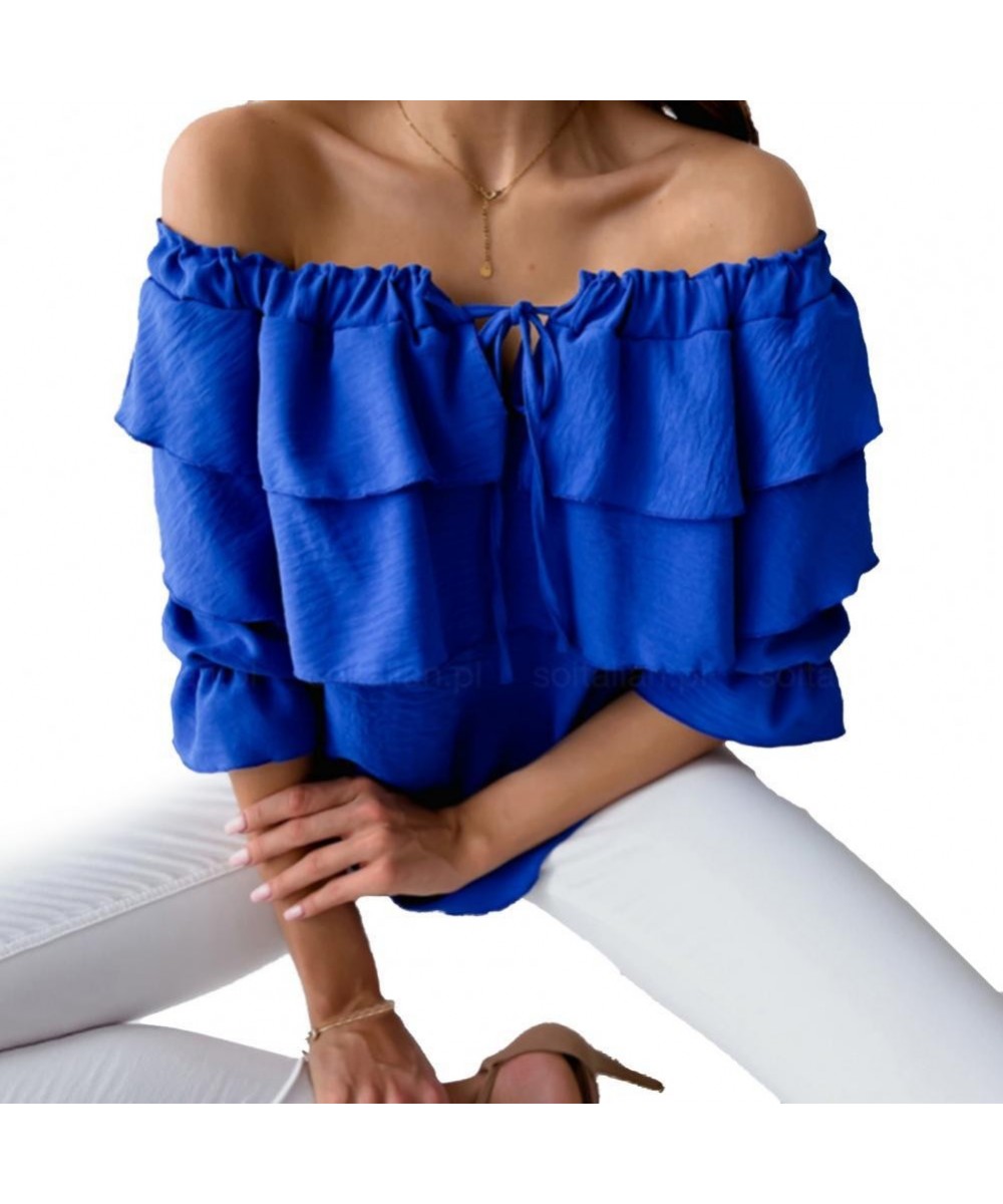 Elegant Women Blouse Off Shoulder Drawstring Collar Layered Ruffle Lantern Long Sleeve Office Lady Pullover Top Female Clothi...