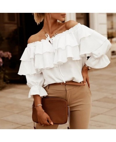 Elegant Women Blouse Off Shoulder Drawstring Collar Layered Ruffle Lantern Long Sleeve Office Lady Pullover Top Female Clothi...