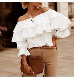 Elegant Women Blouse Off Shoulder Drawstring Collar Layered Ruffle Lantern Long Sleeve Office Lady Pullover Top Female Clothi...