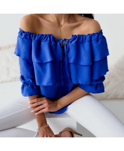 Elegant Women Blouse Off Shoulder Drawstring Collar Layered Ruffle Lantern Long Sleeve Office Lady Pullover Top Female Clothi...