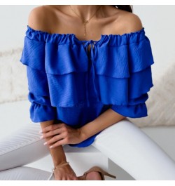 Elegant Women Blouse Off Shoulder Drawstring Collar Layered Ruffle Lantern Long Sleeve Office Lady Pullover Top Female Clothi...