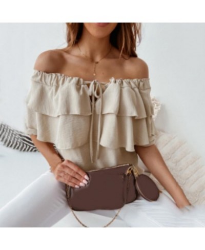 Elegant Women Blouse Off Shoulder Drawstring Collar Layered Ruffle Lantern Long Sleeve Office Lady Pullover Top Female Clothi...