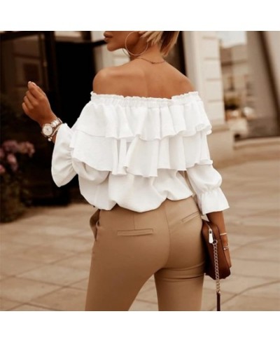 Elegant Women Blouse Off Shoulder Drawstring Collar Layered Ruffle Lantern Long Sleeve Office Lady Pullover Top Female Clothi...