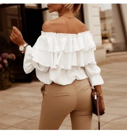 Elegant Women Blouse Off Shoulder Drawstring Collar Layered Ruffle Lantern Long Sleeve Office Lady Pullover Top Female Clothi...