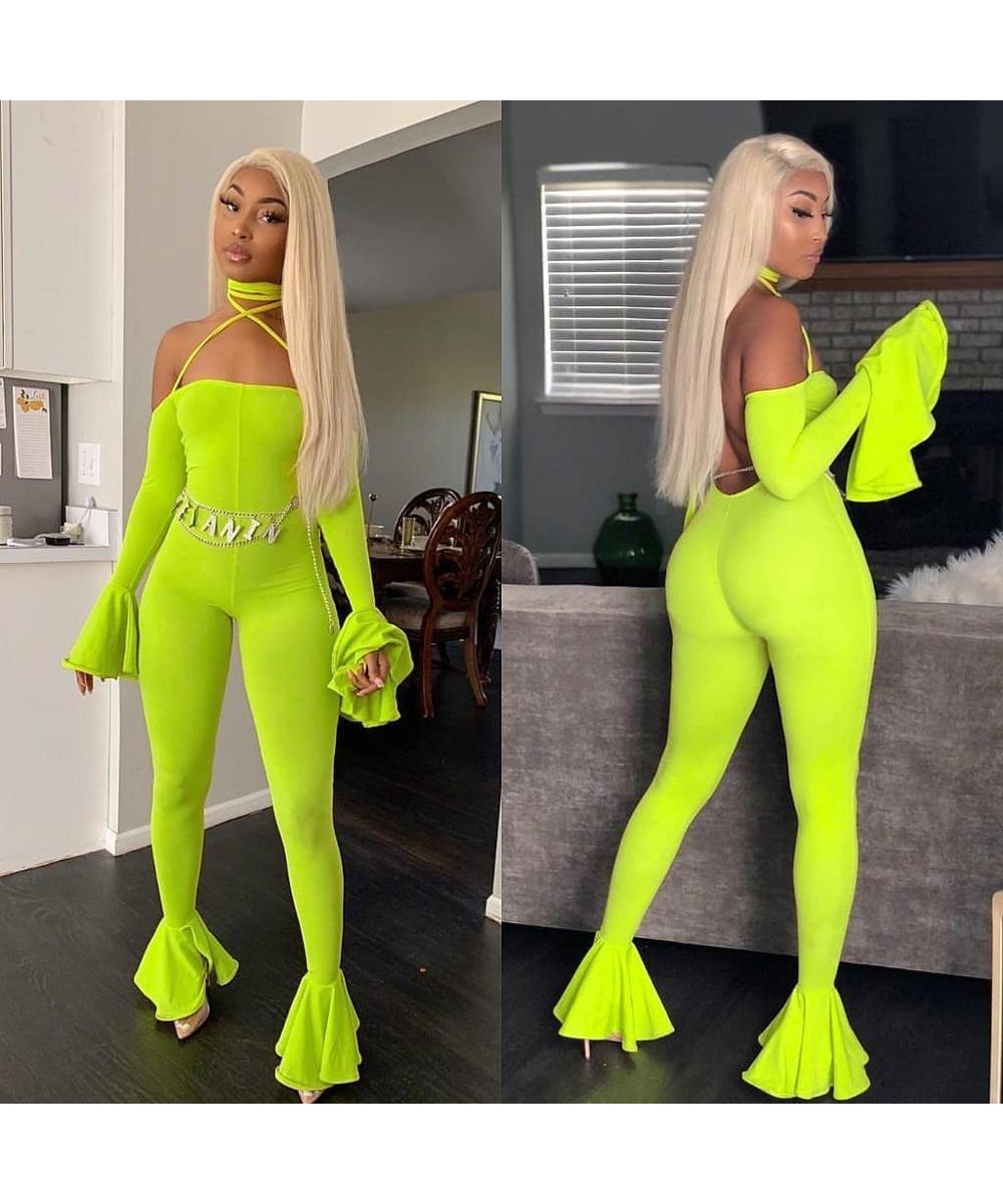 Women Jumpsuit Pants 2023 Clubwear Autumn Neon Green Off Shoulder Halter Womens Sexy Playsuits Ruffles Backless Jump Suits $4...