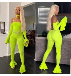 Women Jumpsuit Pants 2023 Clubwear Autumn Neon Green Off Shoulder Halter Womens Sexy Playsuits Ruffles Backless Jump Suits $4...