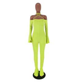 Women Jumpsuit Pants 2023 Clubwear Autumn Neon Green Off Shoulder Halter Womens Sexy Playsuits Ruffles Backless Jump Suits $4...