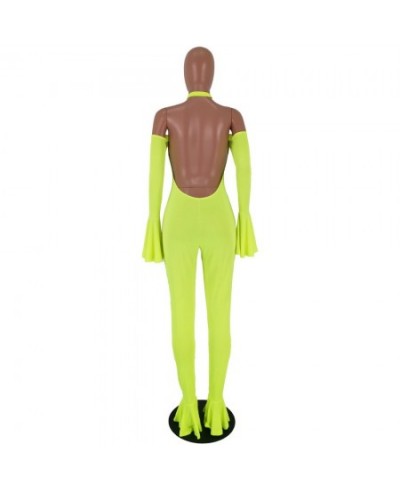 Women Jumpsuit Pants 2023 Clubwear Autumn Neon Green Off Shoulder Halter Womens Sexy Playsuits Ruffles Backless Jump Suits $4...