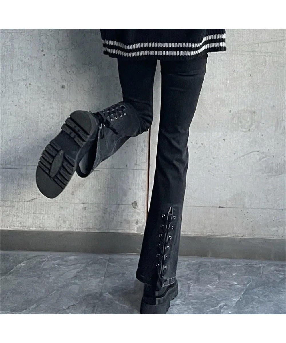 Back Lace Bandage High Waist Slim Flared Jeans Black Blue Skinny Stretchy Women Denim Pant Harajuku Boots Cut Trouser $43.44 ...