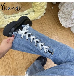 Back Lace Bandage High Waist Slim Flared Jeans Black Blue Skinny Stretchy Women Denim Pant Harajuku Boots Cut Trouser $43.44 ...