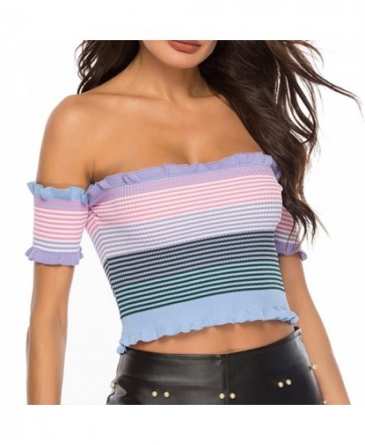 Women's rainbow sexy wooden ear edge one-line shoulder knitted knitted top vest $44.12 - Underwear