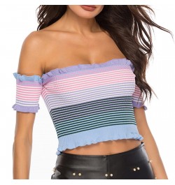 Women's rainbow sexy wooden ear edge one-line shoulder knitted knitted top vest $44.12 - Underwear