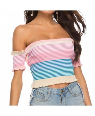 Women's rainbow sexy wooden ear edge one-line shoulder knitted knitted top vest $44.12 - Underwear