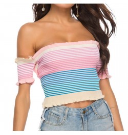 Women's rainbow sexy wooden ear edge one-line shoulder knitted knitted top vest $44.12 - Underwear