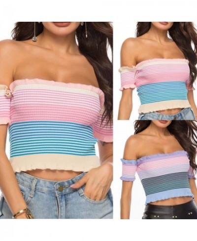 Women's rainbow sexy wooden ear edge one-line shoulder knitted knitted top vest $44.12 - Underwear