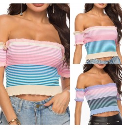 Women's rainbow sexy wooden ear edge one-line shoulder knitted knitted top vest $44.12 - Underwear