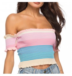 Women's rainbow sexy wooden ear edge one-line shoulder knitted knitted top vest $44.12 - Underwear