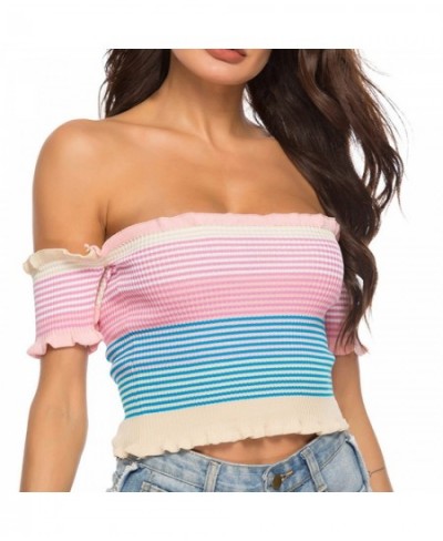 Women's rainbow sexy wooden ear edge one-line shoulder knitted knitted top vest $44.12 - Underwear