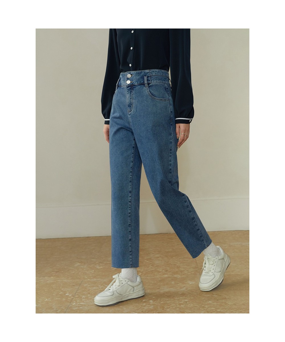 High Waist Cotton Elastic Denim Blue Jeans Two Button Decoration Women Jean Football Print 2023 New Women Tapered Pants $85.8...