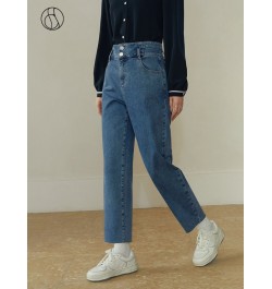 High Waist Cotton Elastic Denim Blue Jeans Two Button Decoration Women Jean Football Print 2023 New Women Tapered Pants $85.8...