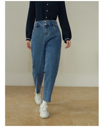 High Waist Cotton Elastic Denim Blue Jeans Two Button Decoration Women Jean Football Print 2023 New Women Tapered Pants $85.8...