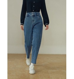 High Waist Cotton Elastic Denim Blue Jeans Two Button Decoration Women Jean Football Print 2023 New Women Tapered Pants $85.8...