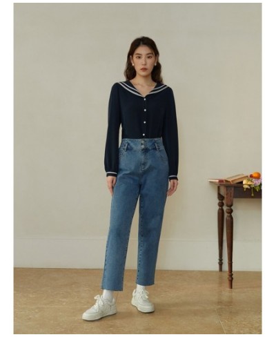 High Waist Cotton Elastic Denim Blue Jeans Two Button Decoration Women Jean Football Print 2023 New Women Tapered Pants $85.8...