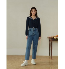 High Waist Cotton Elastic Denim Blue Jeans Two Button Decoration Women Jean Football Print 2023 New Women Tapered Pants $85.8...