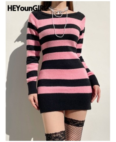 Sexy Vintage Women Sweater Mini Dress Bodycon Off Shoulder Long Sleeve Knitted Winter Striped Gothic Dresses Party $38.36 - D...
