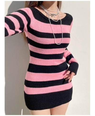 Sexy Vintage Women Sweater Mini Dress Bodycon Off Shoulder Long Sleeve Knitted Winter Striped Gothic Dresses Party $38.36 - D...