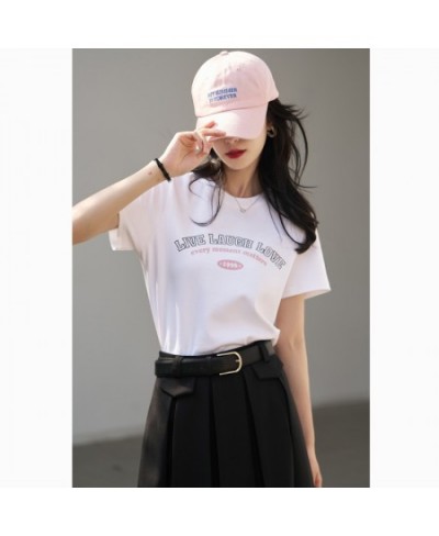 Printing Letter T-shirts for Women 2023 Summer Korean Casual Short Sleeve Round Neck White Tops Office Lady MXC12T0651 $39.48...