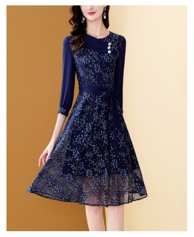 Women's Embroidery Blue Chiffon Dress Autumn A-Line Bohemian Slim Lace Dresses Mid-length Belt Patchwork Vestidos $56.30 - Dr...