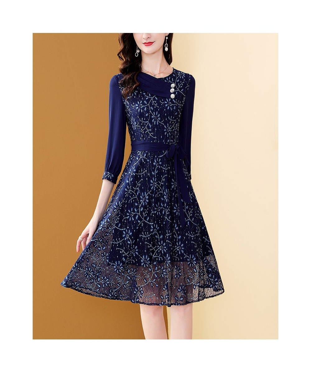 Women's Embroidery Blue Chiffon Dress Autumn A-Line Bohemian Slim Lace Dresses Mid-length Belt Patchwork Vestidos $56.30 - Dr...