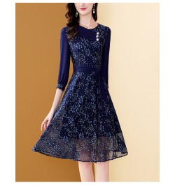 Women's Embroidery Blue Chiffon Dress Autumn A-Line Bohemian Slim Lace Dresses Mid-length Belt Patchwork Vestidos $56.30 - Dr...