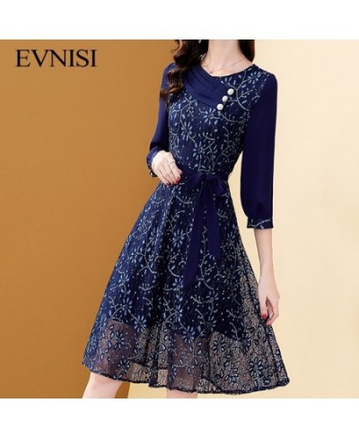 Women's Embroidery Blue Chiffon Dress Autumn A-Line Bohemian Slim Lace Dresses Mid-length Belt Patchwork Vestidos $56.30 - Dr...