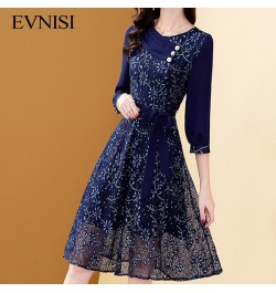 Women's Embroidery Blue Chiffon Dress Autumn A-Line Bohemian Slim Lace Dresses Mid-length Belt Patchwork Vestidos $56.30 - Dr...