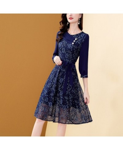 Women's Embroidery Blue Chiffon Dress Autumn A-Line Bohemian Slim Lace Dresses Mid-length Belt Patchwork Vestidos $56.30 - Dr...