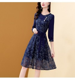 Women's Embroidery Blue Chiffon Dress Autumn A-Line Bohemian Slim Lace Dresses Mid-length Belt Patchwork Vestidos $56.30 - Dr...