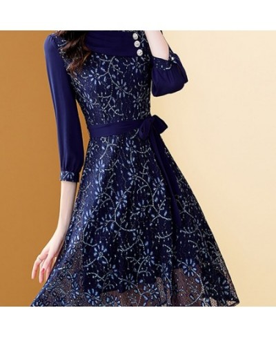 Women's Embroidery Blue Chiffon Dress Autumn A-Line Bohemian Slim Lace Dresses Mid-length Belt Patchwork Vestidos $56.30 - Dr...