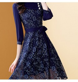 Women's Embroidery Blue Chiffon Dress Autumn A-Line Bohemian Slim Lace Dresses Mid-length Belt Patchwork Vestidos $56.30 - Dr...