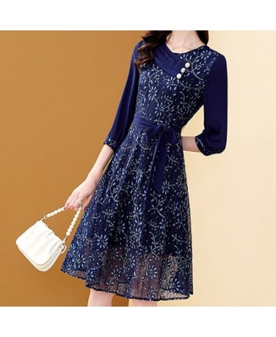 Women's Embroidery Blue Chiffon Dress Autumn A-Line Bohemian Slim Lace Dresses Mid-length Belt Patchwork Vestidos $56.30 - Dr...