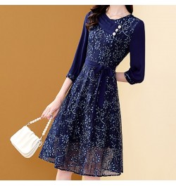 Women's Embroidery Blue Chiffon Dress Autumn A-Line Bohemian Slim Lace Dresses Mid-length Belt Patchwork Vestidos $56.30 - Dr...