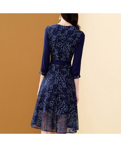 Women's Embroidery Blue Chiffon Dress Autumn A-Line Bohemian Slim Lace Dresses Mid-length Belt Patchwork Vestidos $56.30 - Dr...