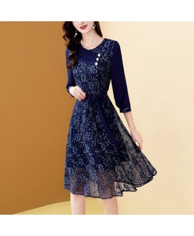 Women's Embroidery Blue Chiffon Dress Autumn A-Line Bohemian Slim Lace Dresses Mid-length Belt Patchwork Vestidos $56.30 - Dr...