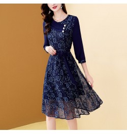 Women's Embroidery Blue Chiffon Dress Autumn A-Line Bohemian Slim Lace Dresses Mid-length Belt Patchwork Vestidos $56.30 - Dr...